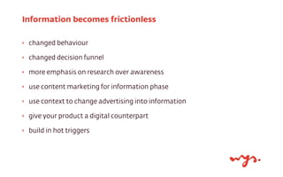 ‣ changed behaviour
‣ changed decision funnel
‣ more emphasis on research over awareness
‣ use content marketing for infor...